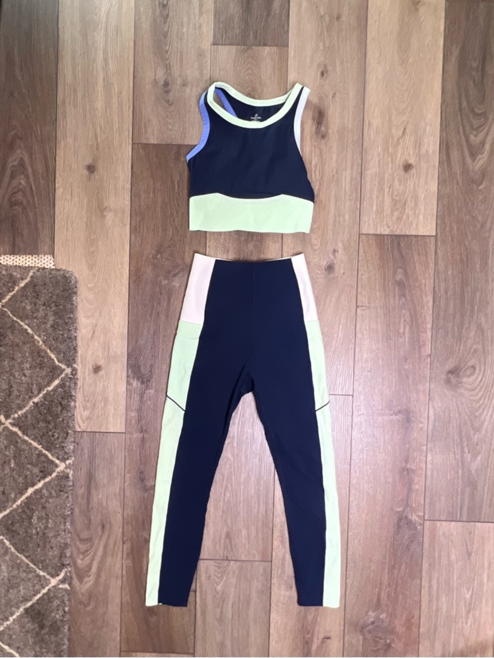 Sweaty Betty Navy, Light Green & Pale Pink Colorblock Leggings + Crop Top Set